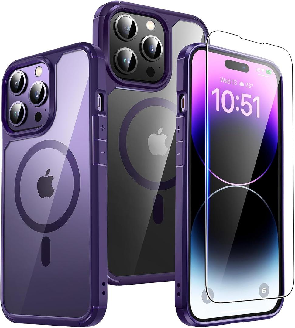 TAURI 2 in 1 Magnetic for iPhone 14 Pro Case, [Designed with Magsafe] with Screen Protector, Shockproof Case for iPhone 14 Pro, Purple