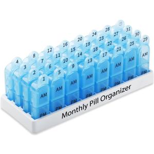 Daviky Monthly Pill Organizer 2 Times a Day, 30 Day Pill Box AM PM with Separate Container, One Month Medicine Case Twice a Day to Hold Vitamins, Supplements and Medication (Blue)