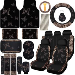BBTO 47 Pcs Butterfly Car Seat Full Set Butterfly Car Accessories for Women 5 Front Rear Seat Covers Wrist Strap 2 Pieces Cup Mat Armrest Pad 2 Belt Cover Accessories for SUV (Leopard Print)