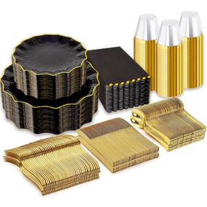 I00000 350 PCS Black and Gold Plastic Plates for 50 Guests, Premium Scalloped Disposable Dinnerware Set Include: 100 Disposable Plate, 50 Napkins, 50 Cups, 50 Silverware Set for Party & Wedding