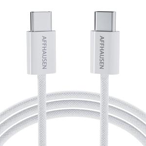 2 x AFFHAUSEN USB C to USB C Cable 3ft Braided White, 60W Fast Charging, 480Mbps, Nylon Braided USB-C Cord for iPhone 17/16/15, MacBook Air/Pro, iPad Pro, Samsung Galaxy S25