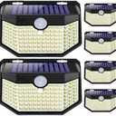 HMCITY 120 LED Outdoor Solar Lights with Motion Sensor and 3 Lighting Modes, IP65 Waterproof Wide Solar Wall Lights Ideal for Garden Patio Yard (Front Button 5Packs, Daylight White, 6500K)