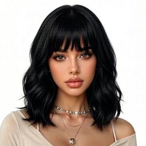 eNilecor Black Wig for Women,Short Wavy Curly Bob Hair Wig with Bangs,14" Natural Synthetic Party Costume Cosplay Halloween Colred colorful Color Fun Neon Funny Wigs For Women