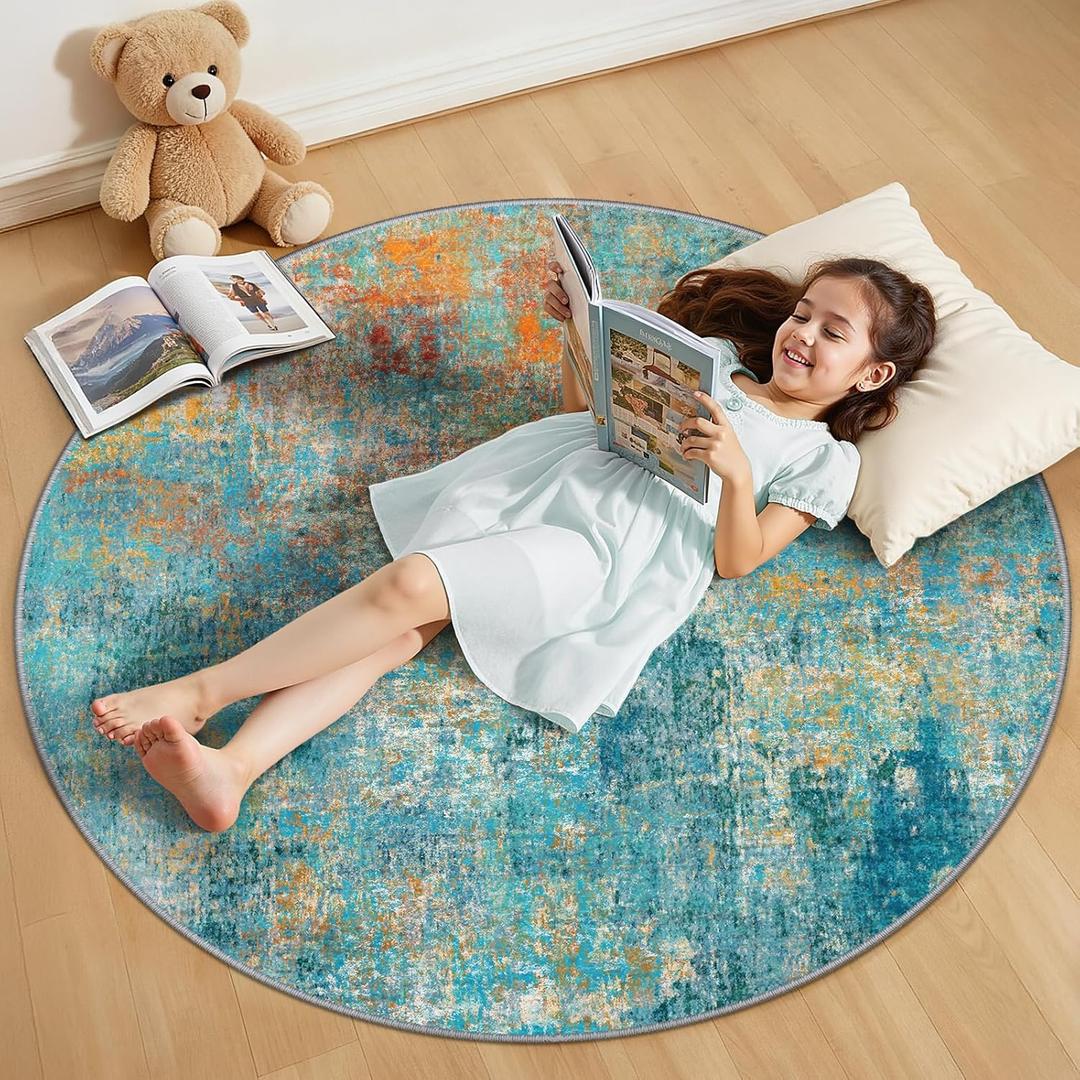 RELEANY Washable Area Rugs 4ft Non-Slip Modern Abstract Soft for Living Room Entryway Bedroom Nursery, Print Pattern, Teal Blue Green Orange Rust Red Coloreful