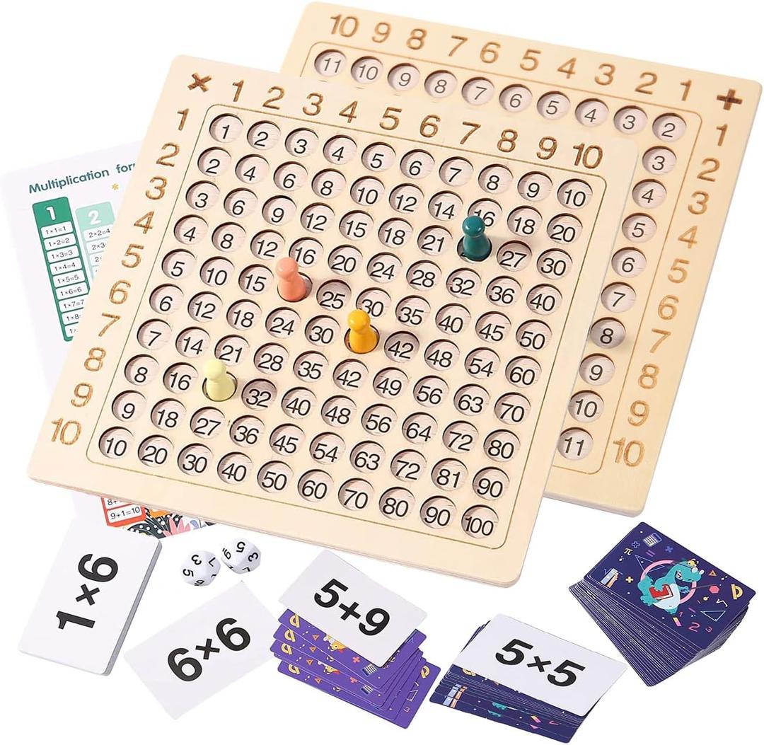2 in 1 Multiplication Addition Math Board Game for Kids - Wooden Montessori Math Toys for Girls Boys 4 5 6 7 8 9 Years Old Wood Double Sided Board Table Dice Card Games for Family