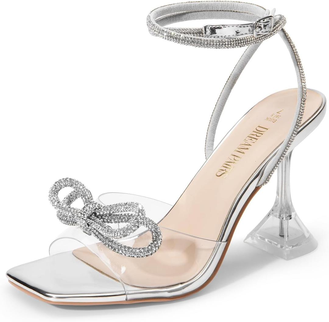 DREAM PAIRS Stiletto Bow Heels for Women Strappy Sparkly Rhinestone Square Toe Clear Crystal High Sandals for Party Wedding (9, Silver)