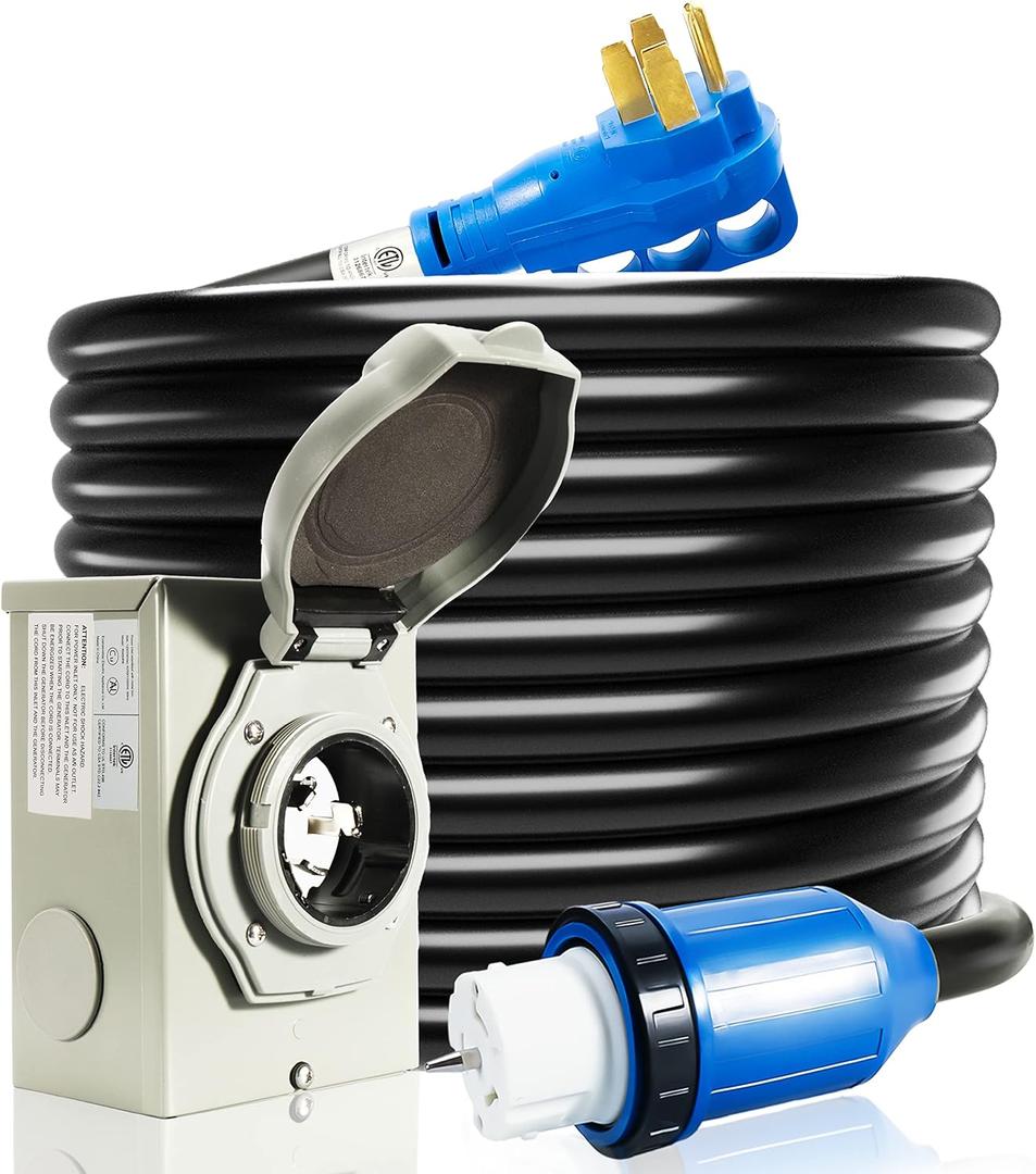 50 Amp Generator Cord and Pre-Drilled Power Inlet Box, 15FT Heavy Duty NEMA 14-50P to SS2-50R Extension Cord Twist Locking with Inlet Box, 125/250V, 12500W, ETL Listed for Outdoor Emergency Kit