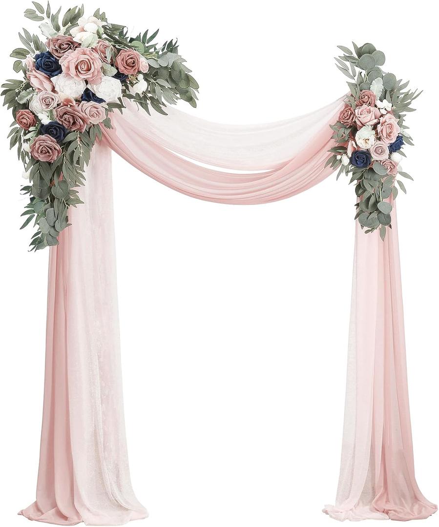 Floroom Arch Flowers with Drapes Kit (Pack of 4) - 2pcs Artificial Dusty Rose & Navy Blue Floral Swag Arrangement with 2pcs Draping Fabric for Wedding Ceremony Arbor and Reception Backdrop Decoration
