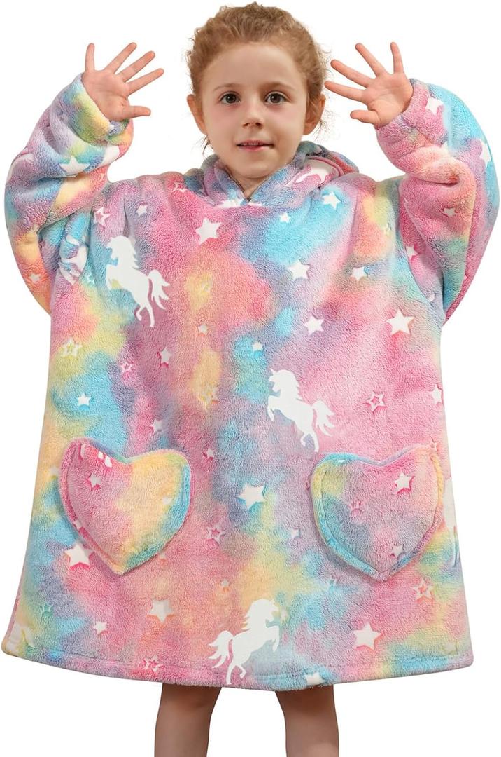 Wearable Blanket Hoodie for Kids Oversized Sherpa Blanket Hoodie for Kids Boys Girls Toddler 2-6YR,Rainbow Unicorns