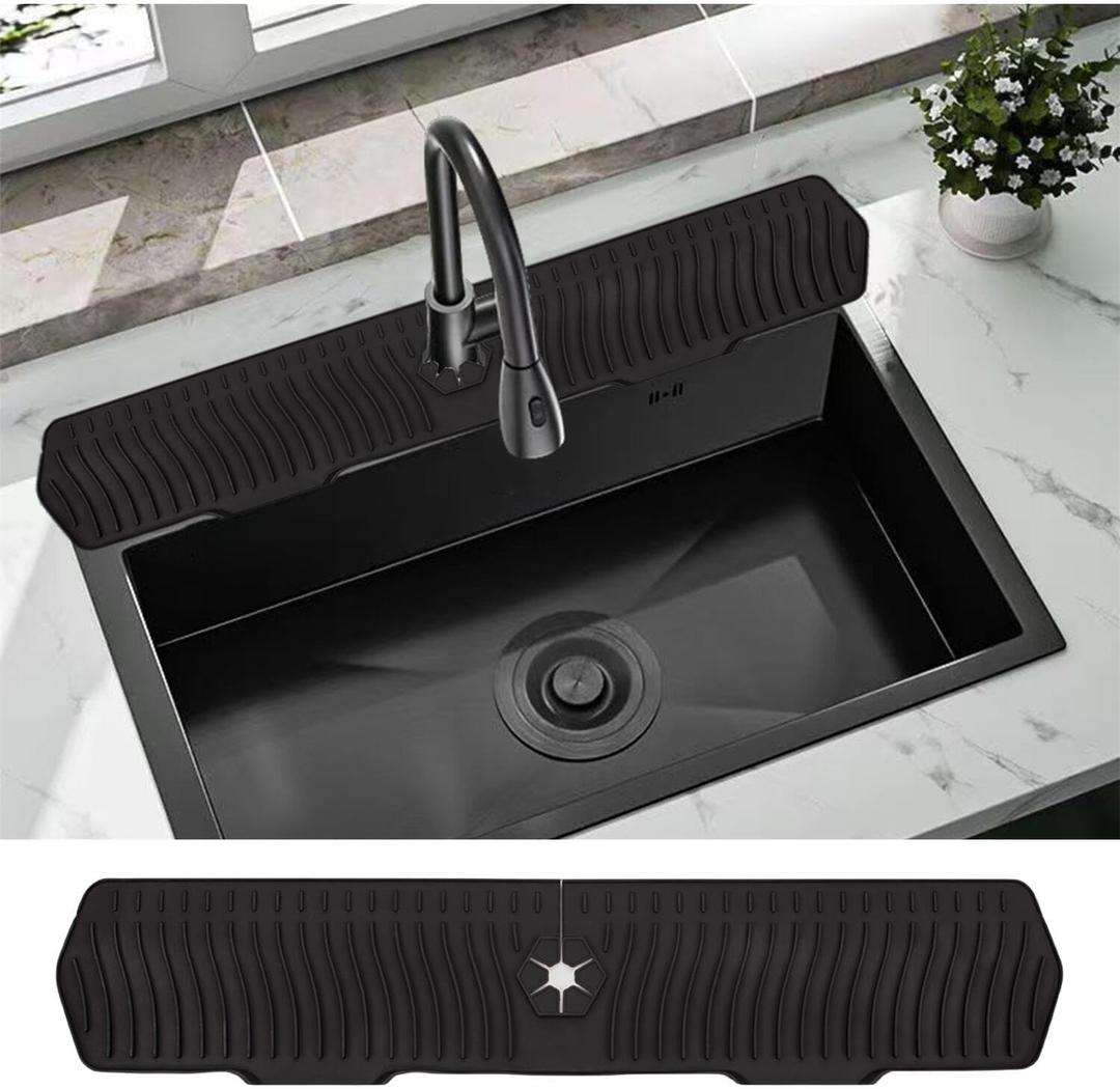 30 Inch Sink Splash Guard, Large Size Kitchen Sink Splash Guard, Longer Silicone Faucet Handle Drip Catcher Tray for Kitchen Countertop, Bathroom, Farmhouse (Black)