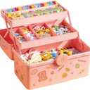 Hair Accessories Organizer for Girls Headbands, Clips, Ties,Baby Girl Supplies, Lockable Three-layer Folding Craft Organizers and Storage Plastic Kids Jewelry Box, Birthday Gifts for Little Girls (Medium, Pink)
