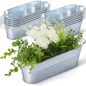 Gejoy 12 Pcs Small Galvanized Oval Planters With Handles - Rustic Tub Flower Pot, Silver Metal Buckets for Outdoor Farmhouse Decorations, 11.42 x 3.94 x 2.99 Inch