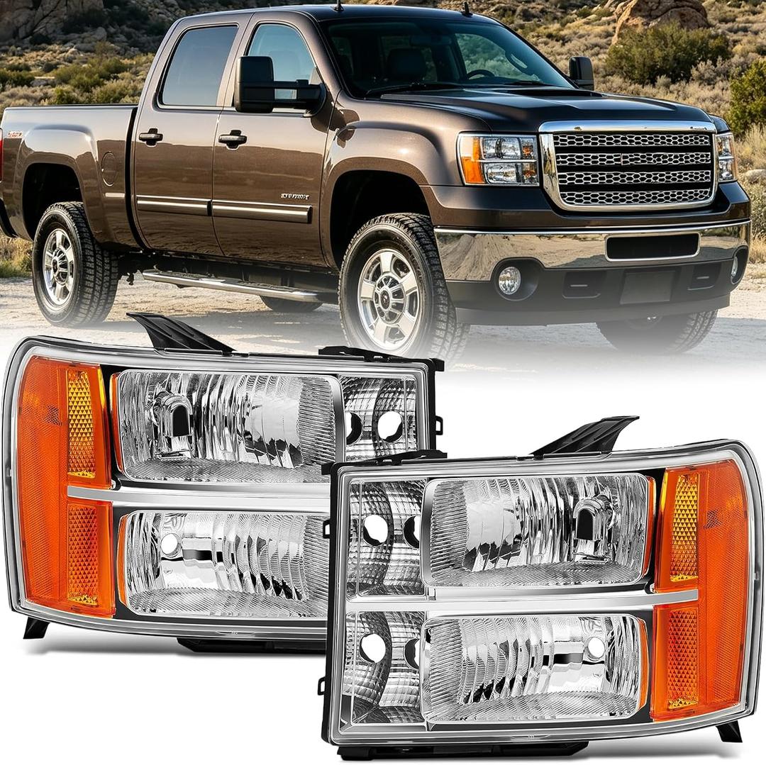 APSVE For 2007 2008 2009 2010 2011 2012 2013 GMC Sierra 1500 Headlights Assembly for 2007-2014 Sierra 2500 HD 3500 HD Chrome Housing Amber Reflector Headlamp Replacement Pair Driver and Passenger