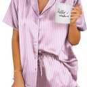 Ekouaer Women's Satin Pajamas Set Button Down 2 Piece Silk Pjs Shorts Set Ruffle Lingerie Notch Collar Sleepwear (X-Small, Striped Purple)