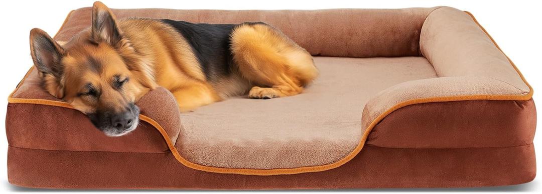 DUMOS Orthopedic Dog Bed for Large Size Dogs, Supportive Memory Foam Dog Sofa with Washable Removable Cover Non-Slip Base Waterproof Pet Couch Bed, Brown, 35" L x 25" W x 6.5" Th