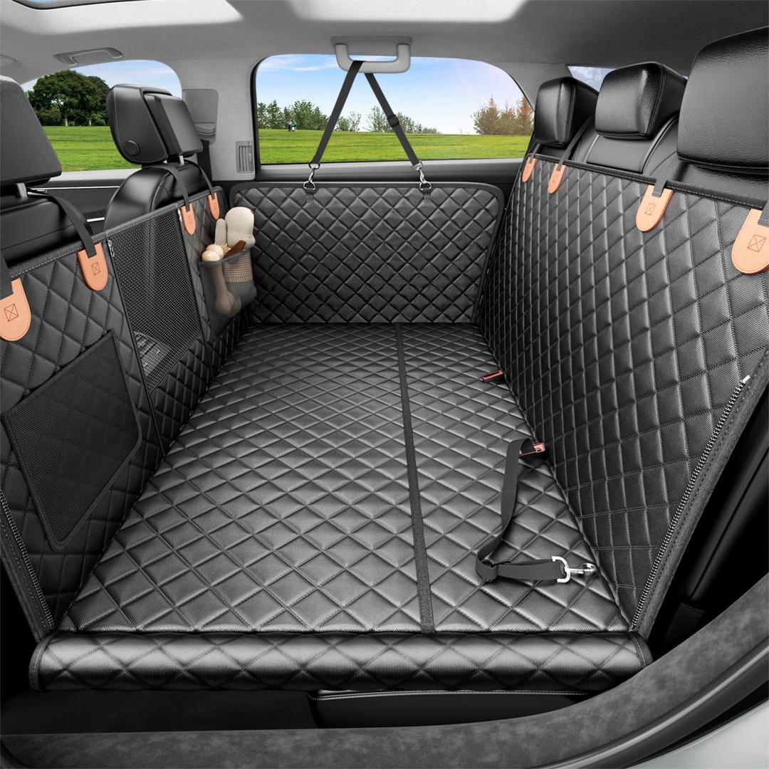 REEVAA Dog Car Seat Cover for Back Seat, Hard Bottom Dog Hammock, Pet Bed Extender for 2-4 Large/Medium Dogs, Waterproof Seat Protector, Universal L Size for SUV Medium Truck, Black+Orange