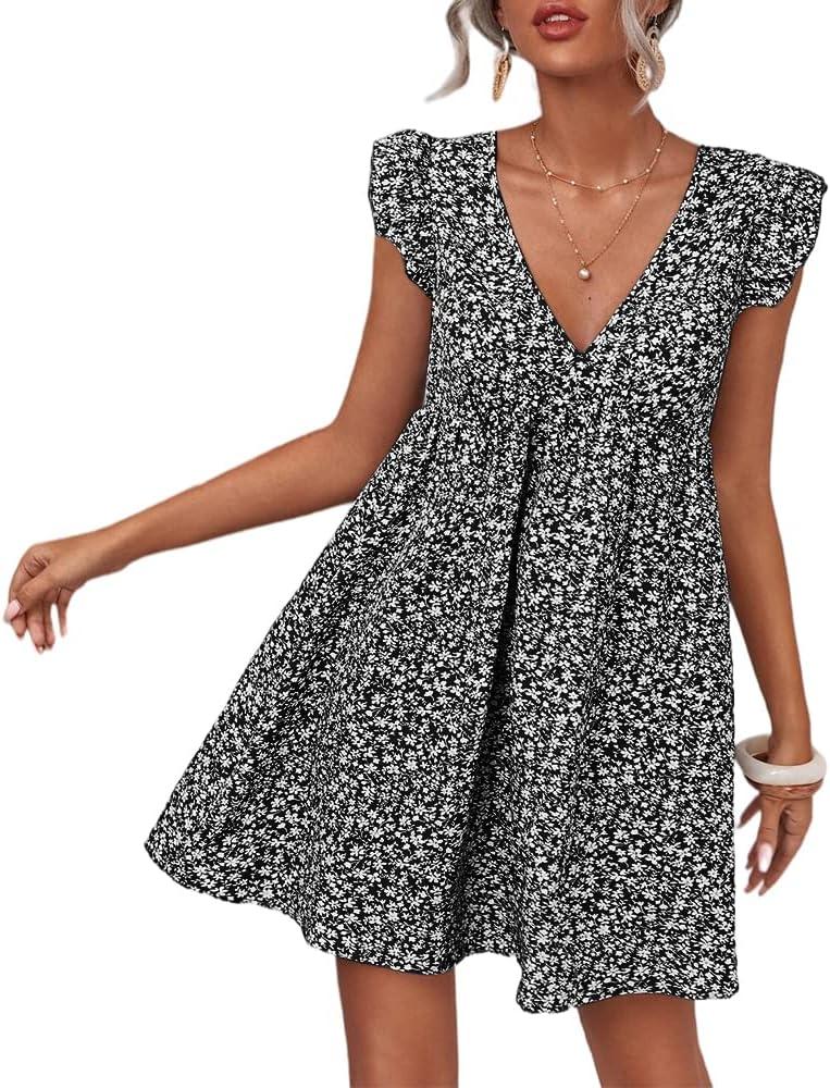 Women Boho Floral Summer Dresses Casual Backless V Neck Mini Dress Ruffle Beach Sundress (Medium, Black)