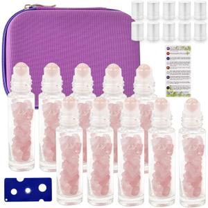Essential Oil Roller Bottle 10ml w EVA Carrying Travel CaseClear Glass Bottle with silver Cap10packGemstone Roller BallsHealing Crystal Chips InsideOpener)Gemstone Roller Ball Bottles (Rose Quartz)