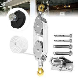 Rope Pulley Hoist 4400 LB, 8:1 Power Pulley Block and Tackle System, Pulley Block 65ft, Rope Hoist for Garage Warehouse Constructions with 1 Swing Hanger 2 Screws 2 Expansion Bolts (White)