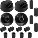 AMI PARTS Universal Oven Knobs - 4 Black Stove Control Knobs & 12 Adapters (4 Long, 8 Short) - Compatible with Most Gas & Electric Ranges & Ovens - Universal Stove Knobs 