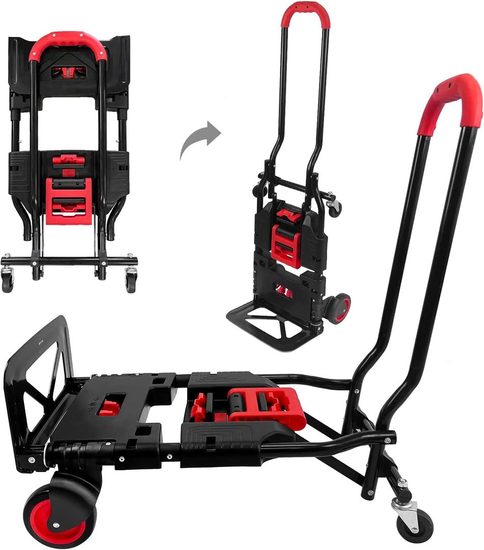 Folding Hand Truck, Portable Dolly Cart with Rubber Wheels and Retractable Handle, 2 in 1 Design 264lbs Capacity Hand Cart Foldable for Transportation/Luggage/Mobile/Travel/Office Use (Red 330lbs)