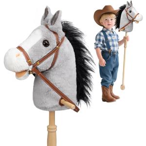 HollyHOME Stick Horse Plush Handcrafted Hobby Horse on a Stick with Wood Wheels Real Pony Neighing and Galloping Sounds for Kids Toddlers Grey 36 Inches(AA Batteries Required)