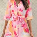 PRETTYGARDEN Womens Rompers for Summer 2025 Beach Vacation Clothes Short Sleeves Floral Jumpsuits Beach Cover Up (XL)