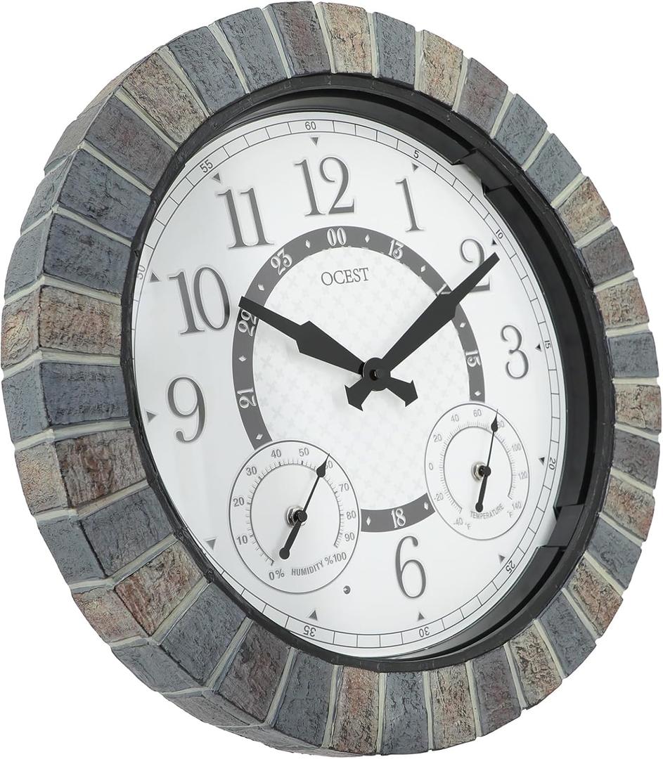 OCEST 18inch Large Indoor Outdoor Clock Illuminated Wall Clock with Thermometer Hygrometer & Night Light Waterproof Battery Operated Silent Non-Ticking Wall Clocks Decor for Patio Pool Porch Bathroom