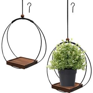 2 Pack Plant Hanger with Wood Base,Modern Hanging Plant Holders for Indoor Plants,Boho Macrame Hanging Planter Shelf Flower Pot Holder for Wall Ceiling Home Decor (Black Metal/Walnut Wood Base)