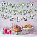 Zwiebeco Pandas Happy Birthday Party Decoration Green Black White Bamboo Leaves Sign Banner Hanging Paper Garland Bunting for Babys Kids Themed Accessories Supplies
