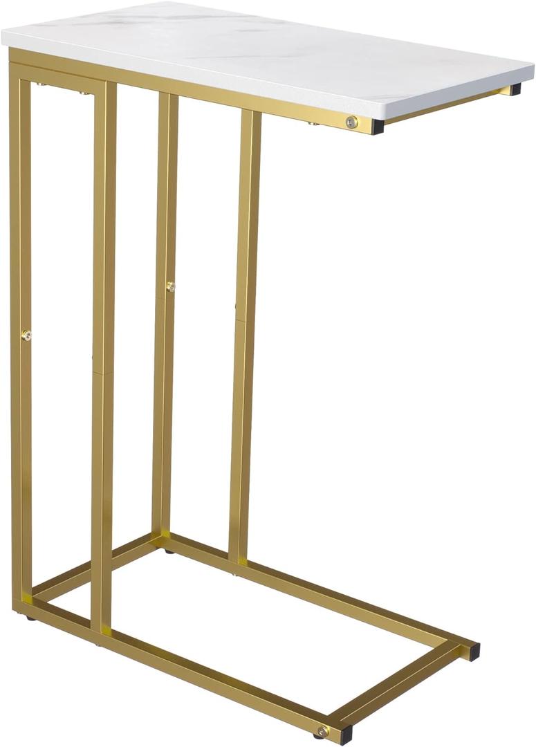 Yusong C Shaped End Table, Couch Side Table That Slide Under Sofa Bed, Small Table for Small Spaces, Skinny Overbed Table for Coffee Drink Snack, Living Room, Gold and White Marbled Wooden Top (Length 18.2)