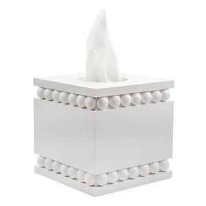 AuldHome Design Beaded Square Tissue Box Cover (White); Rustic Farmhouse Wood Tissue Holder