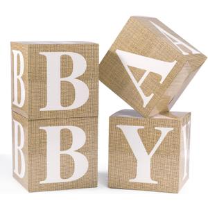 Baby Boxes with Letters for Baby Shower, 4pcs Balloon Boxes with Printed Letters for Gender Reveal Birthday Wedding Baby Shower Decorations(Burlap)
