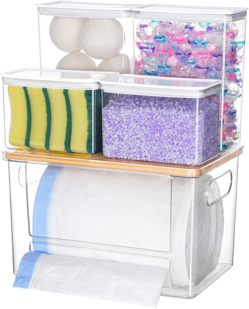 iCASA Trash Bag Dispenser Dishwasher Pods Container, 5 in 1 Garbage Bags Holder Under Sink Organizer Acrylic Laundry Pod Detergent Powder Container, Kitchen Pantry Laundry Room Organization Storage