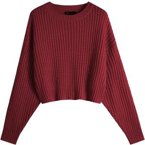 Cute Crew Neck Batwing Cropped Sweater for Women Fall Winter Casual Soft Knitted Semi Short Pullover Tops Burgundy (Red, M)