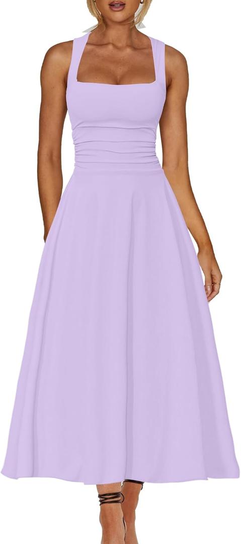Kaximil Women's Square Neck Corset A Line Maxi Dress Ruffle Ruched Waist Flowy Long Dresses (Purple, M)