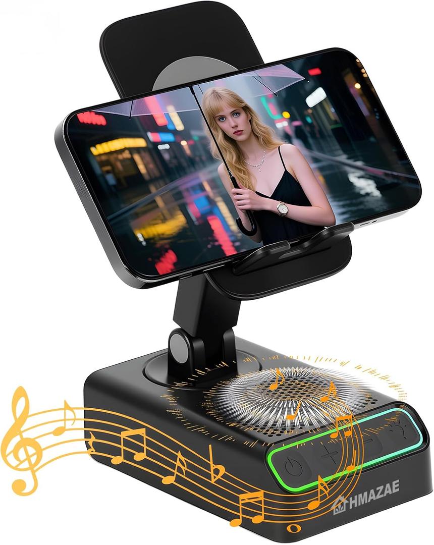 Cell Phone Stand with Wireless Bluetooth Speaker, Wireless Induction Audio, Emergency Rechargeable Portable Speaker Cellphone Stand with Colorful Ambient Light, Ideal Gifts for Men and Women