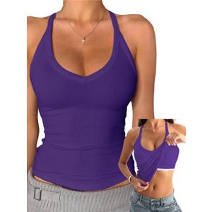 Danysu V Neck Cotton Tank Tops with Built-in Shelf Bra Sleeveless Racerback Fitted Basic Cami Shirts (Medium, Dark Purple)