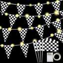 Light up Black and White Checkered Racing Flags Banner, 32.8 ft Black & White Pennant Banner and11.8 Inch Racing Flags with plastic stick for Nascar Race Themed Party Decorations Supplies