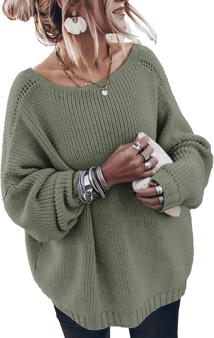 Oversized Sweaters for Women Trendy Chunky Batwing Long Sleeve Casual Crewneck Ribbed Pullover Tunic Sweater (Large, Green)