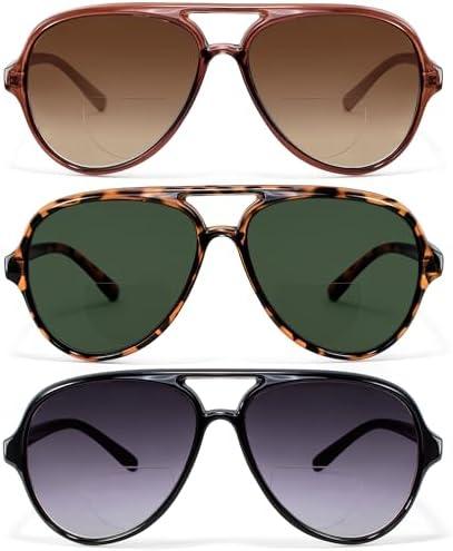 EYEGUARD 3 Pack Retro Aviator Bifocal Reading Sunglasses for Women Men UV400 Protection Classic Square Sun Readers, +1.50