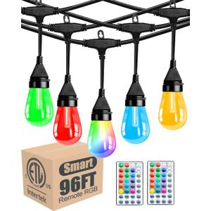 Lightdot 96FT Outdoor RGB String Lights, Dimmable Color Changing Waterproof LED Patio Lights with Remote Control,Commercial Grade Hanging Light for Patio Cafe Bistro Backyard- ETL Listed
