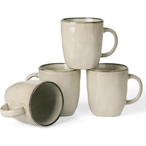 famiware Coffee Mugs Set of 4, Ocean Square 13oz Coffee Cup Set with Handle for Cocoa, Milk, Hot Chocolate, Tea, Water, Stoneware Cups for Kitchen, Microwave and Dishwasher Safe, Light khaki