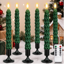 YAUNGEL 6 Pcs Christmas Tree Candles with Metal Candle Holder, Real Wax Christmas Tree Candles with Remote Timer, Flameless Tree Candlesticks Battery Operated Flickering Flame for New Year Xmas Decor