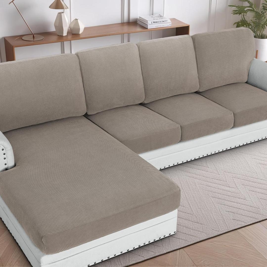 H.VERSAILTEX Sectional Couch Covers 8 Pieces Stretch Sofa Covers for Sectional Sofa Set Separate L Shaped Couch Cover for Both Left/Right Couch (Seat and Back: 1 Chaise + 3 Sofa, Taupe)