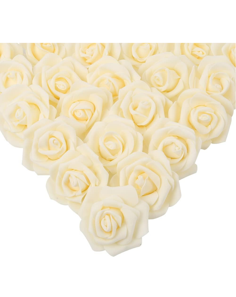 Artificial Rose Flower Heads, 100 Pcs Real Looking Creamy Yellow Foam Fake Roses for DIY Wedding Baby Shower Centerpieces Arrangements Party Tables Home Decorations (Cream Yellow, Stemless)