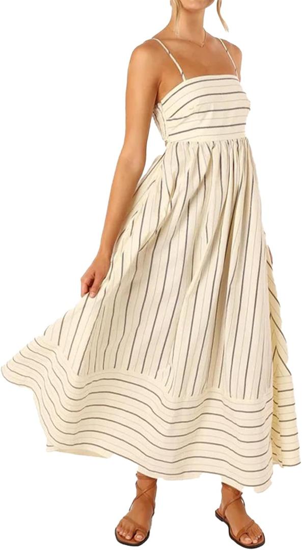 Women Striped Maxi Dress Sleeveless Backless Cutout Smocked Sundress Spaghetti Straps Boho Flowy Dresses (Large, Apricot) Women Striped Maxi Dress Sleeveless Backless Cutout Smocked Sundress Spaghetti Straps Boho Flowy Dresses (Large, Apricot)