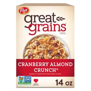 Great Grains Cranberry Almond Crunch Cereal, Cereal with Dried Cranberries and Almonds, Non-GMO Project Verified, 14 OZ Box, Bb Date: 07/31/2024