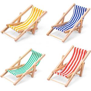 Dollhouse Miniature Furniture Accessories Foldable Wooden Beach Chair Mini Longue Deck Chair Doll House Ornament Kits for DIY Fairy Garden Dollhouse Decoration - Pack of 4