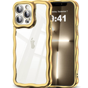 SKYLMW Compatible with iPhone 13 Pro Max Case, Kawaii Cute Curly Wave Frame Luxury Plating Edge, Stylish Glossy Clear Back, Soft TPU Shockproof Protective Cases for iPhone 13 Pro Max, Gold